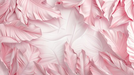 Feminine floral pattern of pink banana leaves, rendered in 3D effect for a textured wall look against a white-pink background
