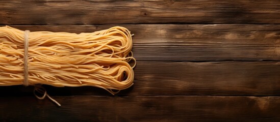 A copy space image of spaghetti tied with twine sits atop a rustic wooden table viewed from above