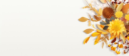 A greeting card with a floral design for autumn featuring a border of yellow leaves on a white surface It captures the seasonal concept of Thanksgiving day and there is ample copy space on the image