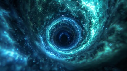 Abstract background with blue and green glowing swirls, resembling the inside of a wormhole or black hole.