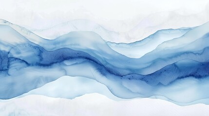 Fluid watercolor pattern of abstract snow waves and ocean currents, the wavy blues forming a serene, flowing backdrop for copy space text