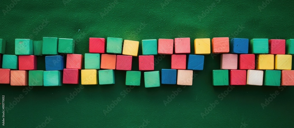 Poster top view of a copy space image showing colorful wooden blocks for children placed on a green carpet