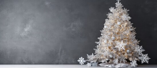 Copy space image of a snowflake adorned homemade Christmas tree against a gray wall in a room