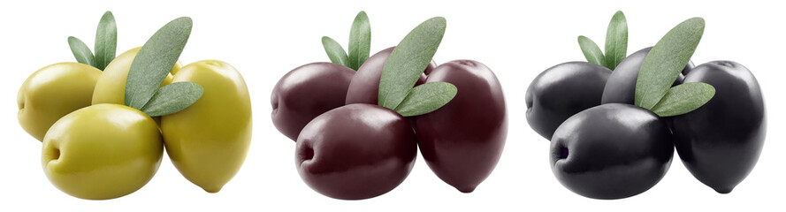 Set of delicious olives with leaves, cut out