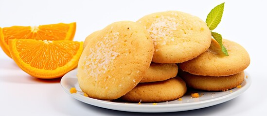 A copy space image shows homemade orange cookies on a white background with a template available for text - Powered by Adobe