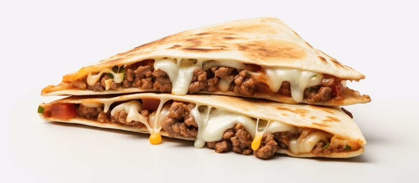 A mouthwatering beef quesadilla is presented on a clean white background leaving ample space for any additional visuals or text