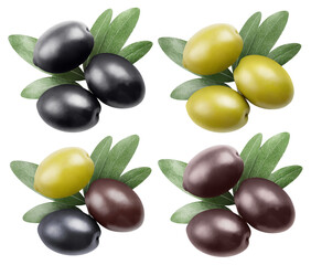 Set of delicious olives with leaves, cut out