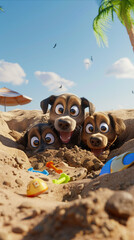 3D playful pups digging a large hole in the sand, humorous and curious expressions, beach toys scattered,