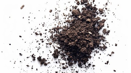 High-definition studio-lit top-down view of soil dirt piles flying and scattered across a clean white background