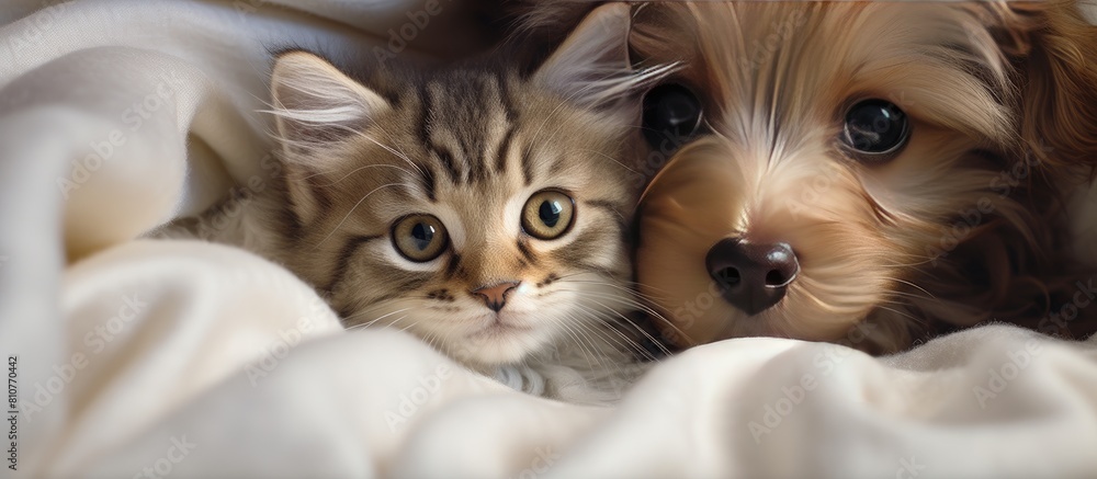 Wall mural A cute kitten and puppy cuddle up under a cozy white blanket on a home bed seen from above in a top down view. Creative banner. Copyspace image