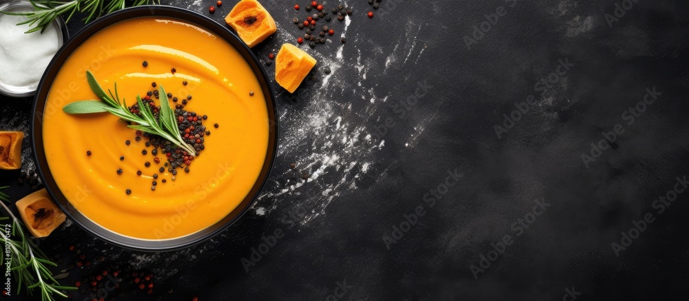 Aufkleber A copy space image of butternut squash soup with black pepper displayed from an overhead perspective on a smooth grey slate surface
