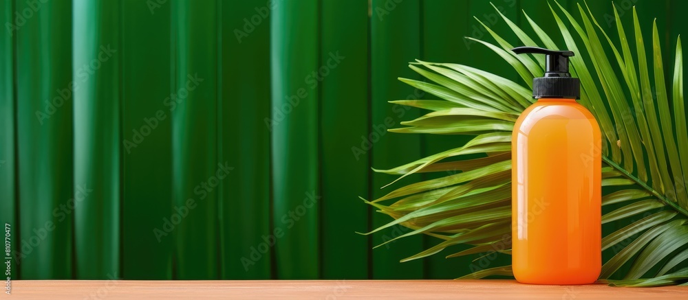 Wall mural A plastic bottle for gel foam liquid soap shampoo or cosmetics is placed on a wooden surface against an orange backdrop adorned with vibrant green palm tropical leaves The image provides copy space