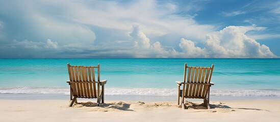 Two wooden chairs are positioned on the tropical beach with a scenic backdrop of a turquoise sea and cloudy sky. Creative banner. Copyspace image