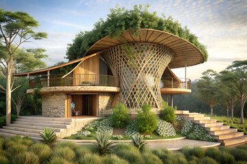 Sustainable architecture using natural materials like bamboo or earth bricks
