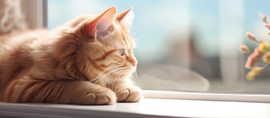 A red Chinchilla cat is peacefully resting on a windowsill waiting for its owners The sky outside is filled with shades of gray creating a peaceful atmosphere There is enough copy space in the image