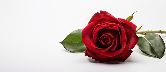 A closeup of a red rose against a white background with empty space for text or graphics. Creative banner. Copyspace image