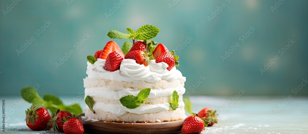 Aufkleber a light and fresh cake made from delicate meringue topped with a low fat whipped cream fresh mint le
