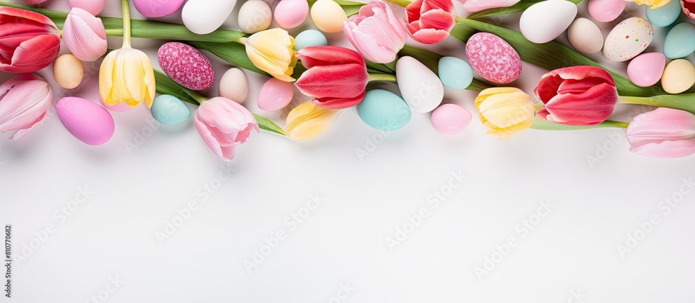 Poster A beautiful spring holiday background featuring vibrant Easter eggs delicate tulips and an assortment of delicious candies arranged within a frame with copy space for added customization