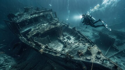 Scuba diver exploring a mysterious underwater shipwreck