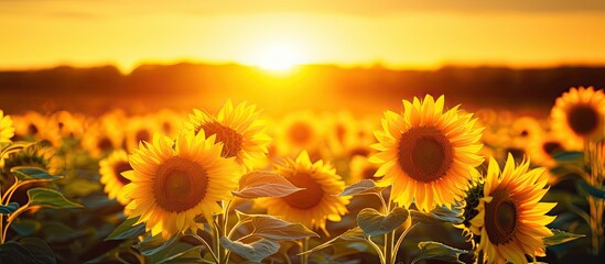 A captivating copy space image of sunflowers gracefully swaying on a field as the golden hues of the sunset illuminate the scene