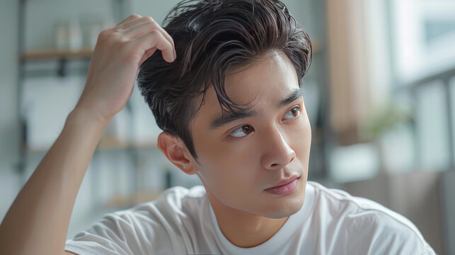 A young Asian man brushes back his newly grown hair after taking supplements like zinc and biotin to help with hair loss.