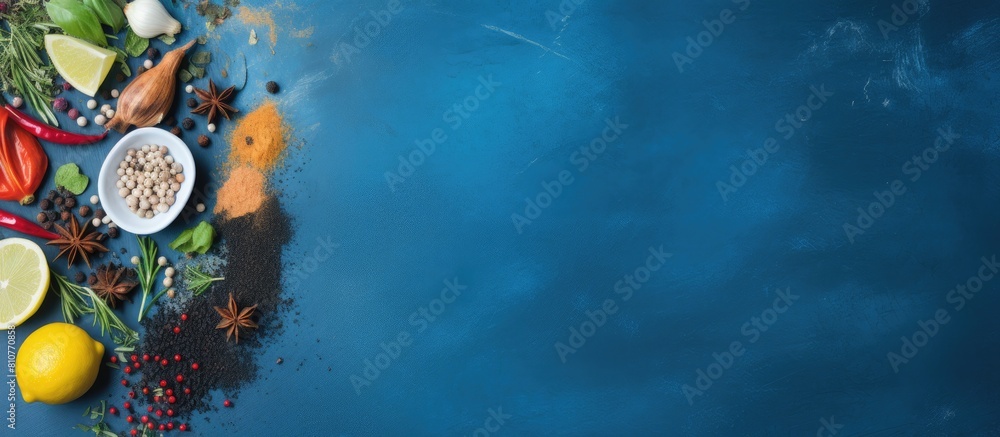 Poster top view of a blue food background featuring a variety of cooking ingredients the image offers ample