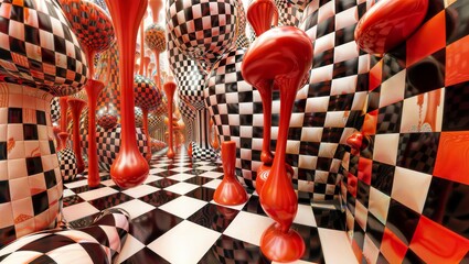A surreal, mind-bending optical illusion scene with checkered floors and walls, twisted red mushroom-like structures, and warped, repeating patterns. Perfect for psychedelic, abstract art.