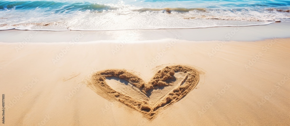 Poster top view of a heart shape drawn in the sand against a scenic beach background creating a beautiful c