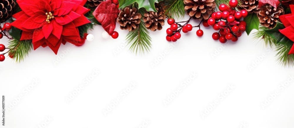 Poster a top down view shows a festive christmas decoration with a red poinsettia flower frame a christmas 