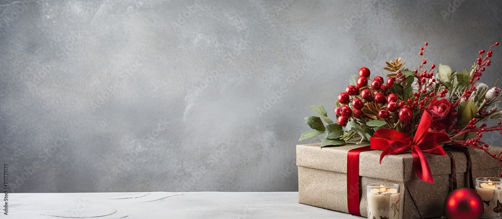 Aufkleber A festive and stylish Christmas table arrangement featuring a gift box placed on a textured concrete background creating a visually appealing copy space image