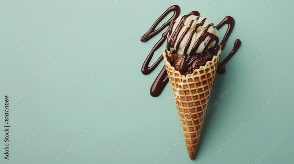 Poster top down view of a waffle cone drizzled with chocolate set against a soft pastel green backdrop