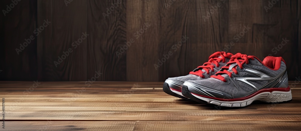 Poster pair of running shoes placed on a wooden floor with plenty of empty space around for a copy space im