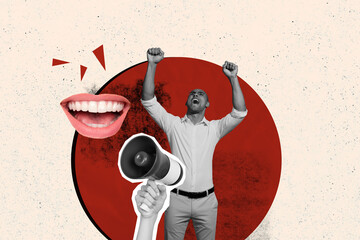 Composite collage picture image of angry man megaphone mouth discrimination fight right bullying...