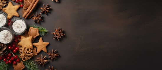 Top view of a Christmas themed background featuring fir branches pine cones Christmas cookies cinnamon sticks and anise stars with ample copy space for additional content - obrazy, fototapety, plakaty