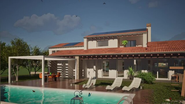 Modellazione 3D e video di edificio residenziale con piscina e bandiera al vento Slovakia
