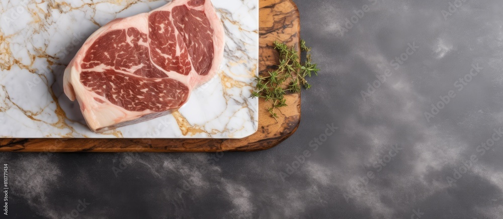 Aufkleber A top down view of a marbled pork steak resting on a chopping board with a neutral gray backdrop providing ample space for additional imagery or text