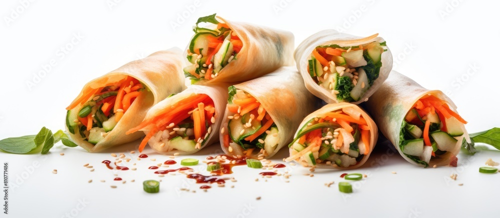 Poster a copy space image of healthy vegetable spring rolls with sesame seeds presented on a clean white ba