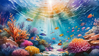 watercolor of a vibrant coral reef underwater scene, teeming with colorful fish, corals, and sunlight filtering through the water, creating a mosaic of light on the ocean floor