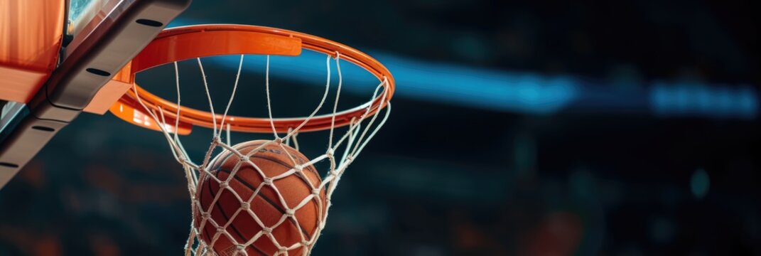 Basketball going through hoop in basketball court, closeup action shot photo.