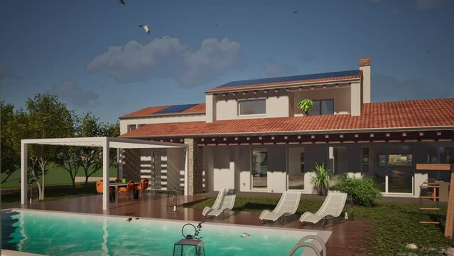 Modellazione 3D e video di edificio residenziale con piscina e bandiera al vento Qatar