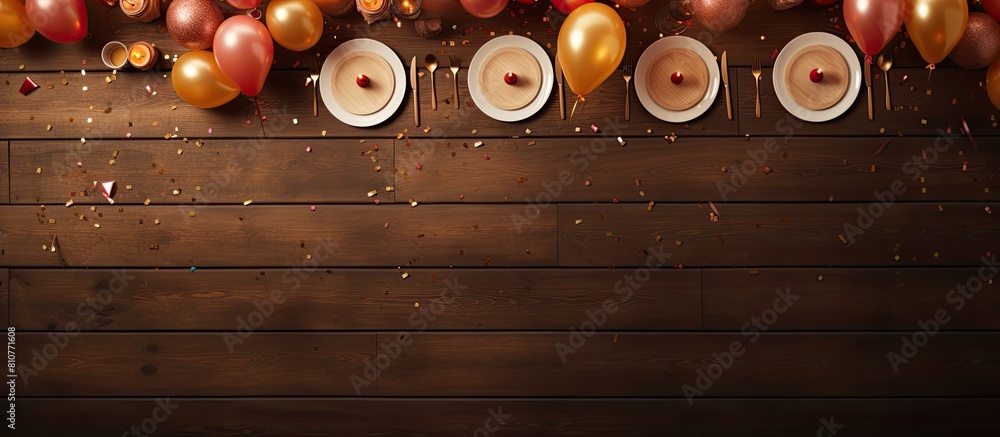Poster top view of a table set with birthday decorations and a copy space image