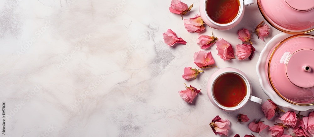 Aufkleber a top down view of rose tea along with cups and a teapot is showcased on a light gray background the
