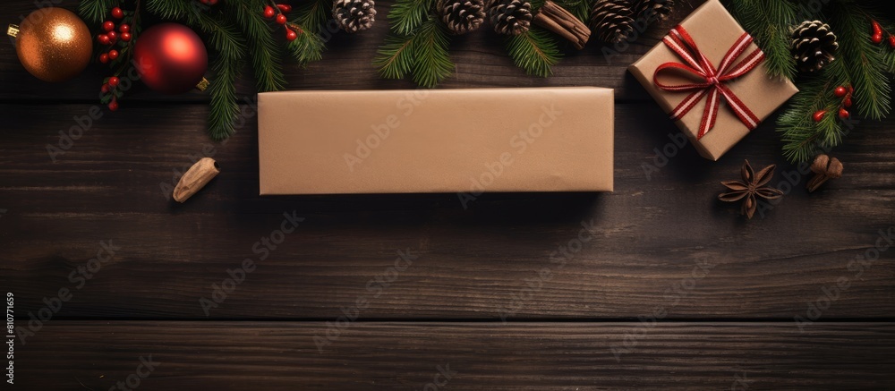 Aufkleber Top view of a Christmas composition with presents displayed on a wooden table The image offers an empty space with papers and cardboard. Creative banner. Copyspace image