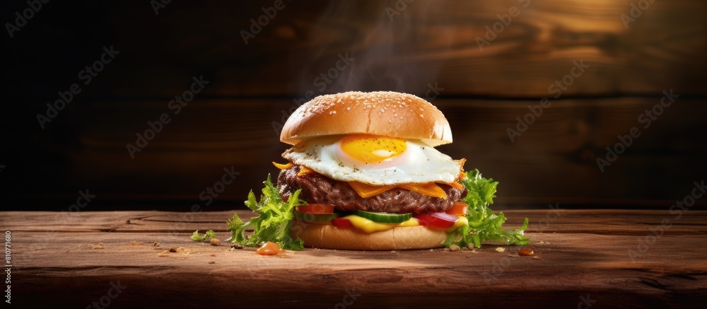 Poster a delicious egg burger showcased on a rustic wooden surface allowing for ample copy space in the ima