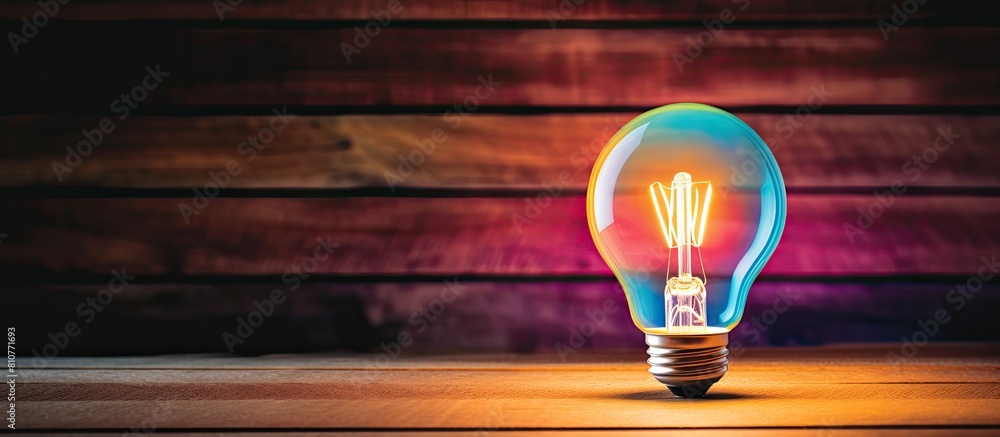 Poster a vintage colored light bulb glows on a wooden plank in a silhouette background with a bottom view p