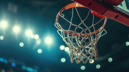 Closeup shot of basketball rim or hoop in stadium indoor settings, photo.