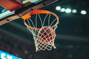 Basketball going through hoop in basketball court, closeup action shot photo.