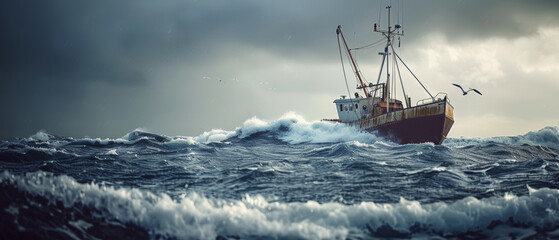 Fishing boat braves tumultuous sea, with storm clouds gathering and waves crashing.