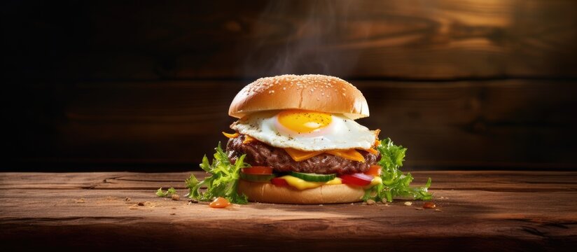 A delicious egg burger showcased on a rustic wooden surface allowing for ample copy space in the image