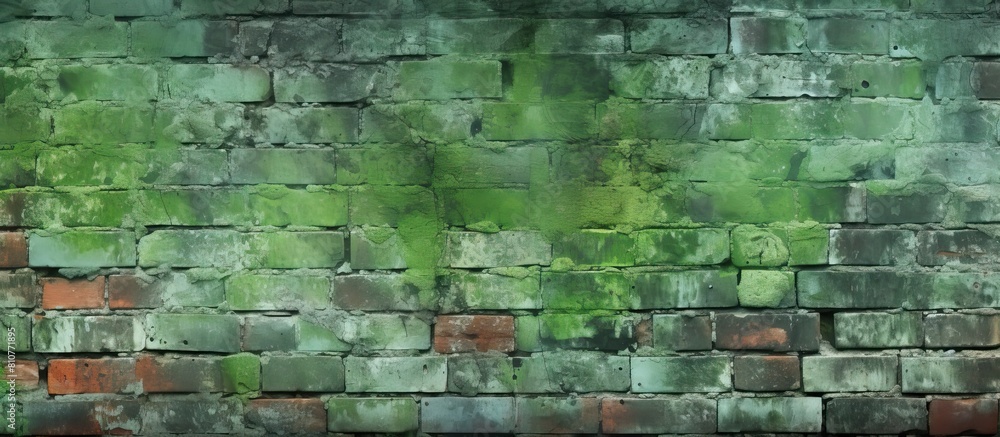 Poster image of a stained brick wall texture with algae creating a captivating background with abundant cop